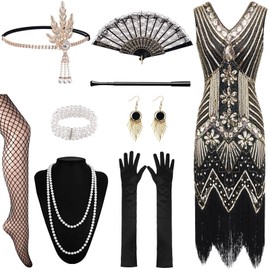 Panngu 1920s Dresses Women's with 20s Accessories, Charleston Dress, Perfect Fancy Dress Costume, Fringe Dress, V-Neck, Sequins, Beads, Fringe Dress (Black + Gold)