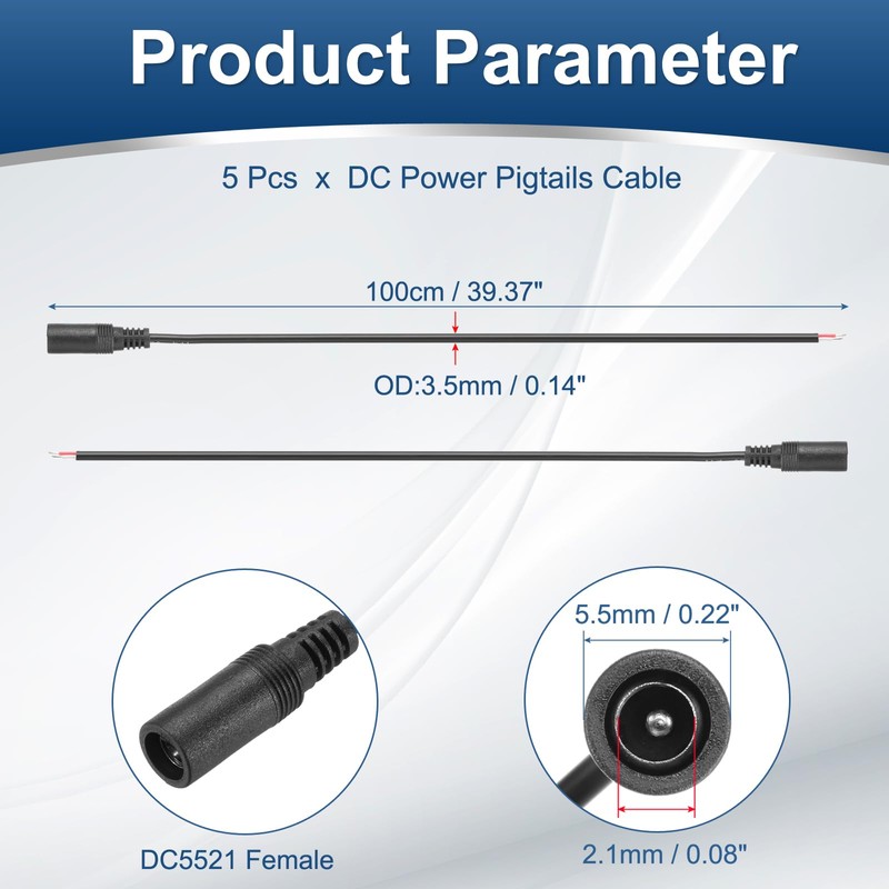 sourcing map 5pcs DC Power Pigtails Cable, 5.5 x 2.1mm
