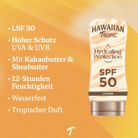 Hawaiian Tropic | Hydrating Protection Sunscreen Sun Protection Lotion SPF 50 UVA + UVB Protection, 180 ml, 12-Hour Moisturiser with Cocoa and Shea Butter, Waterproof, Vegan