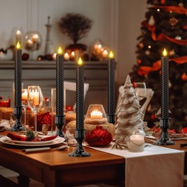 Punasi Black Flameless Taper Candles, 9.7” Real Wax Window Candles Battery Operated with Remote & Timer, Honeycomb LED Candlesticks Flickering for Room Home Christmas Valentine's Day Decor, 6PCS