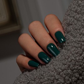 KQueenest Dark Green Press On Nails Medium Square - Acrylic Press On Nails with Glue, Emerald Coffin Short Fake Nails Press ons, Glossy Opaque, Reusable Soft Gel Glue on Nails for Women, 28 Pcs