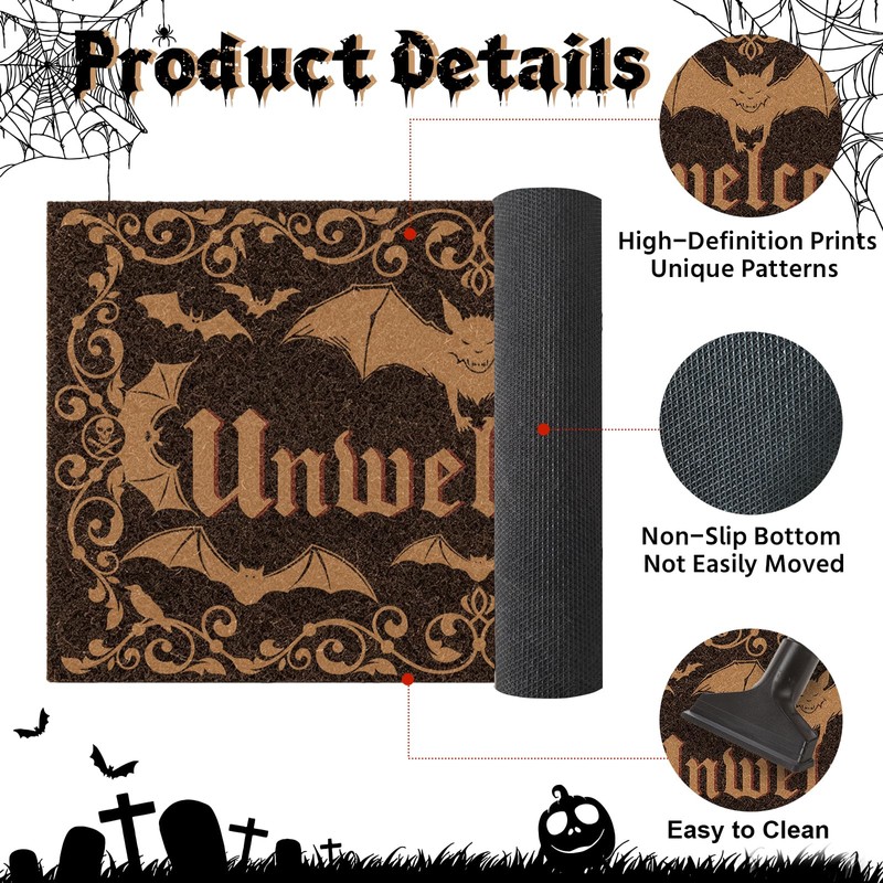 Halloween Unwelcome Door Mat, Gothic Dark Bat Doormat Indoor Outdoor