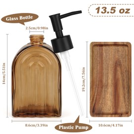 Glass Soap Dispenser Set with Wooden Tray, 13.5Oz Refillable Liquid Modern Soap Dispenser with Plastic Pump for Hand and Dish Set for Bathroom Countertop Decor (Dark Brown)