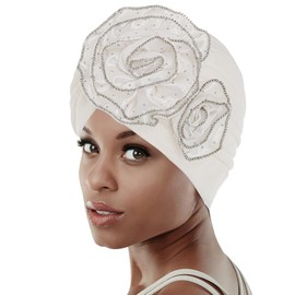 Bohend African White Turban Flower Stretchy Women Head Wraps Rhinestone Elastic Head Scarf for Head Covering