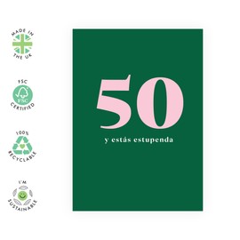 Central 23 de 50 cumpleaños para mi hermana, tía y mamá. Cuarenta y fabulosa. de feliz cumpleaños. Regalos para mujeres. Diseño minimalista y moderno en verde. Incluye pegatinas divertidas.