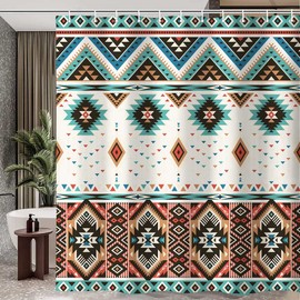 Aztec Shower Curtain,Southwestern Native Tribal Navajo American Ethnic Pattern Western Boho Fabric Bath Curtains, Triangular Geometric Vintage Fabric Bathroom Decor Set with Hooks,72X72 Beige