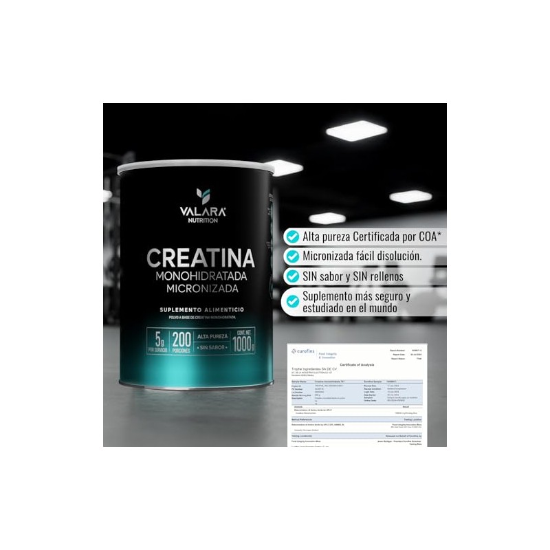 VALARA Creatina Monohidratada Máxima Pureza Sin Sabor Sin Azúcar (1kg)