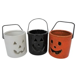 Set of 3 Ceramic Happy Pumpkins Votive Tealight Candle Holders w Metal Handle in 3 Beautiful Fall Colors