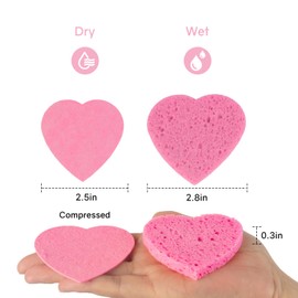 HUAXIN BIOTECHNOLOGY 50-Count Heart Shape Compressed Facial Sponges,100% Natural Cellulose Face Sponge Spa Sponges for Removing Dead Skin, Dirt and Makeup(Pink)