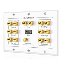 TNP Home Theater Speaker Wall Plate Outlet - 7.1 Surround Sound Audio Distribution Panel, Gold Plated Copper Banana Plug Binding Coupler, RCA LFE Jack for Subwoofer, HDMI 4K ARC/eARC Full HD (3-Gang)