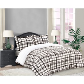 Elegant Comfort Soft & Plush Sherpa Comforter- Lilith Plaid Collection, 3-Piece Bed Set, , Reversible Down Alternative Micro-Suede, Plaid Sherpa Comforter, Queen, Autumn Taupe