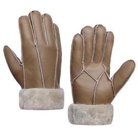 MGGMOKAY Men Leather Gloves Shearling Sheepskin Fur Lined Men Winter Gloves,Camel,L