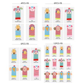 Soft Baby Toy, Foot Finder Rattle Socks, Cotton Infant Crew Socks, Foot Leg Ankel Rattle Newborn Baby Rattle Toys, Toddler Sock with Grips Baby Socks for Infant Boy or Girl (6PCS-F)