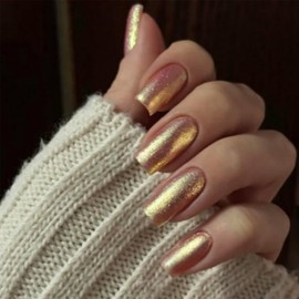 IMRAN Summer Press on Nails Medium Square Fake Nails Golden Laser Glossy False Nails Glitter Acrylic Nail Supplies Full Cover DIY Stick on Nails for Women Nail Art Manicure 24Pcs