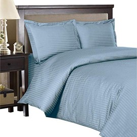 Royal Hotel Bedding Full Size Striped Blue 600-Thread-Count 3pc Duvet-Cover-Sets and 1pc Siberian Goose Down Alternative Comforter 100 Percent Cotton