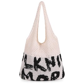 Sightor Crochet Tote Bag, Mesh Beach Bag Knit Summer Hobo Bag Vacation Boho Tote Bag for Women (Black Alphabet)