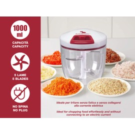 BEPER C107UTT002 Manual Chopper with Rope, Stainless Steel/ABS, White/Red