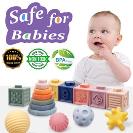 Montessori Toys for Babies,Soft Stacking Building Blocks Rings Balls Sets,3 in 1 Baby Toys Bundle,Sensory Toys for 6-12 Months, Soft Teething Toys for Babies,Baby Toys Gifts for Boy Girl