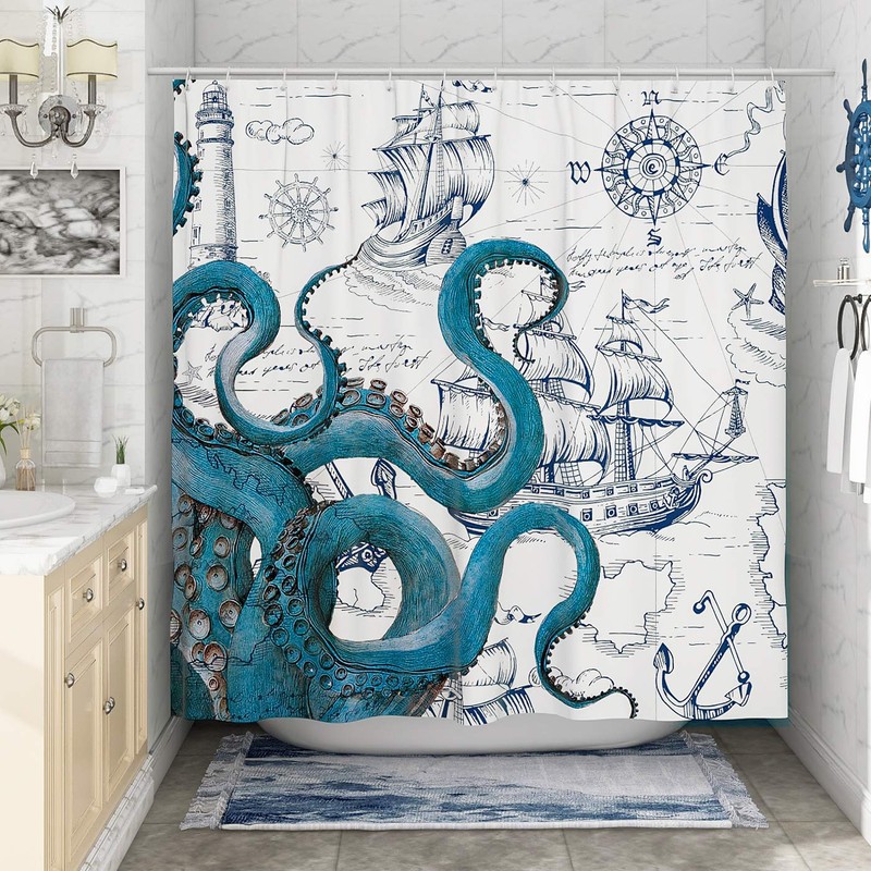 DESIHOM Blue Nautical Octopus Tall Shower Curtain Set, Funny Ocean