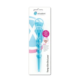 miradent Tong-Clin De Luxe Tongue Cleaner Blue Transparent Pack of 1 | for Gentle Removal of Tongue Plaques and Bad Breath | Short Bristle Field | Extra Flat | Concave Curved Scraping Function