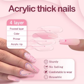 Square Press on Nails Long Coffin French Press on False Nails with Designs Nude Pink Rhinestones Acrylic Nails Press on Stick On Nails for Women Girls