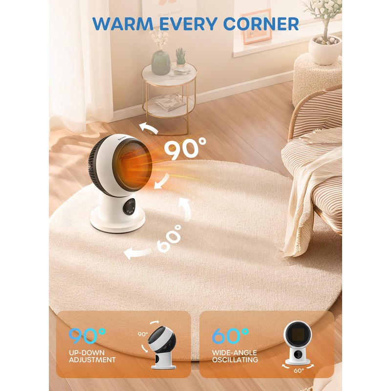 ECOWELL 15" Compact Modern Heater and Fan Combo, 1500W PTC