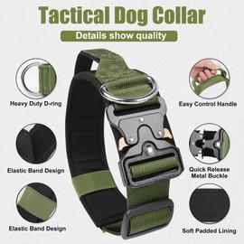 AKOFIC Tactical Dog Collar, Heavy Duty Wide Dog Collar with Handle and Soft Padded, Adjustable Comfortable Pet Collar for Small Medium and Large Dogs Training (Army green, L)