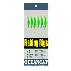 OCEAN CAT Fishing Rigs Saltwater Bait, Feather & Fish Skin 6 String Hooks Fishing Lure Tackle,Red/Green 10 Packs (Green, 2#)