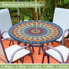 Round Outdoor Tablecloth with Umbrella Hole Waterproof Patio Table Covers Round Fitted Tablecloth with Elastic Zippered Outdoor Table Cloth for Picnic, Camping, Garden (45''-52'')