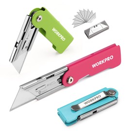 WORKPRO 3-Pack Folding Utility Knife Set, Quick Change Blade Box Cutter, Razor Knife with Belt Clip, 10 Extra SK5 Blades for Cartons, Cardboard and Boxes