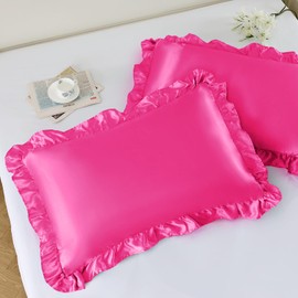 NSGZ Ruffled Satin Pillowcase Set of 2, Queen Size Silky Pillow Shams for Hair and Skin Care, Fuschia Satin Pillow Covers with Envelope Closure, Anti Wrinkle Pillow Cases for Glam Room Decor