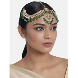 Aheli Indian Traditional Bollywood Faux Pearls Maang Tikka Matha Patti for Women Girls Jewelry (Green)
