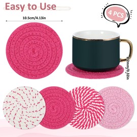 Piriuuo 4 Pcs Woven Cup Coasters, Absorbent Coaster for Desk Boho Coasters Minimalist Desk Coaster Cute Coasters for Desk Drink Coasters for Home Decor 4.13 In(Pink)