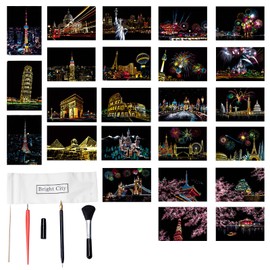 HAFRILY 24Pcs Scratch Art Paper Rainbow Scratch Art for Adults World Famous City Landmarks Scratch Art with 5Pcs Scratching Tools Kit (A5 Size)