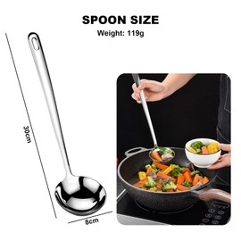 Soup ladle 30 cm, sauce spoon, stainless steel kitchen aid, for serving and scooping soups and stews, pasta spoon, dishwasher safe (silver)