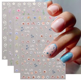 JMEOWIO 3D Embossed Flower Nail Art Stickers Decals Self-Adhesive 5D Spring Summer Floral Nail Supplies Nail Art Design Decoration Accessories 4 Sheets