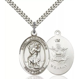 Bliss Sterling Silver Saint Christopher Army Medal Pendant Necklace 24" Chain GiftBox