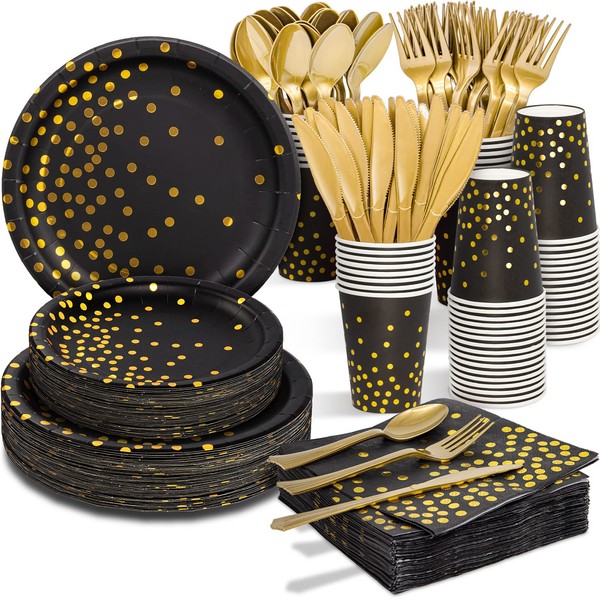Partylamb Black and Gold Party Supplies, 350PCS Disposable Dinnerware Set with Paper Plates Napkins Cups Plastic Forks Knives Spoons for Halloween Thanksgiving Christmas Birthday Retirement Wedding
