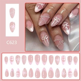 French Tip Fake Nails Almond Fake Nails Bow with Pearls Design Medium False Nails Pink Acrylic Nails Artificial Full Cover Nails Glossy Glue on Nails Stick on Nails for Women Nail Decoration 24Pcs