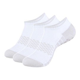 YUEVO SPORTS Women's Non-Slip Yoga Socks with Grip & Cushion - 3 Pairs Cotton Pilates Ankle Socks (White, UK Size 4-7)