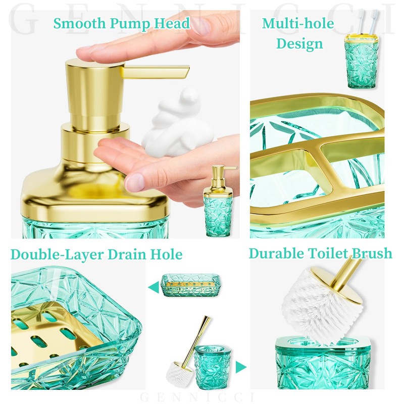 Bathroom Accessory Set, 9-Piece Teal Bathroom Set with Trash Can,
