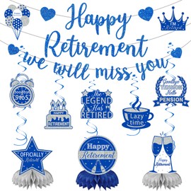 12Pcs Retirement Party Decorations for Men Women Pre-Strung Blue Glitter Happy Retirement We Will Miss You Banner Honeycomb Centerpieces Swirls Party Supplies Retired Farewell Party Supplies