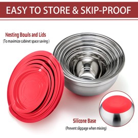 P&P CHEF Mixing Bowls With Lids, Set of 6, Stainless Steel Nesting Mixing Bowls & Fitting Lids & Non-Slip Silicone Bottom, Ideal for Mixing, Storing, Size 0.7/1/1.5/2.5/3/4.6 Qt, Red