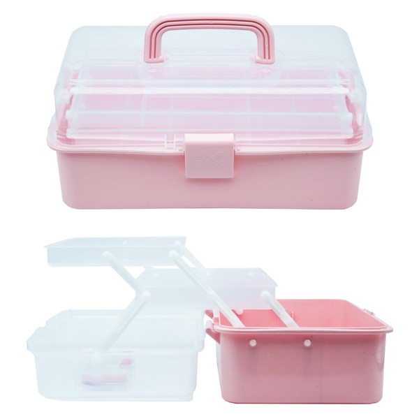WGFIPQWDB 13-inch Pink Transparent Art Storage Box/Toolbox, Portable Multi-layered with Handle for Art, Craft, Cosmetics, Medicine, and Toy Storage.