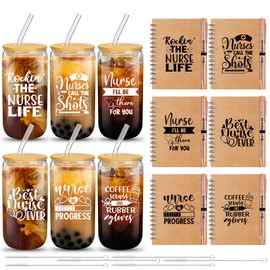 Skylety 18 Pcs Nurse Appreciation Gifts Bulk 2025 Nurse Week Thank You Gift for Women with Glass Cups A6 Inspirational Notebook Ballpoint Pen for School Graduation Rn Assistant(Modern)