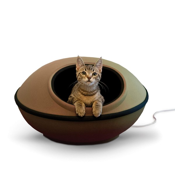 K&H Pet Products Thermo-Kitty Mod Dream Pod Heated Cat Bed for Large Cats, Indoor Heated Cat Cave, Thermal Cat Mat Hideaway for Small or Large Cats and Kittens 22 Inches Tan/Black