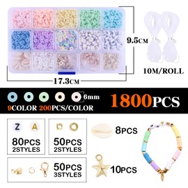 BETESSIN 1800Pcs Polymer Clay Beads Kit, 6mm Flat Pastel Beads with Elastic String for Jewellery Making DIY Bracelets Necklace