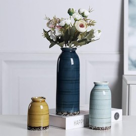 Geniff Ceramic Vase Set of 3, Farmhouse Rustic Decorative Vase for Home Decor, Modern Glazed Vase, Table Centerpiece for Living Room, Shelf, Bedroom, Kitchen (Colorful Cracks)