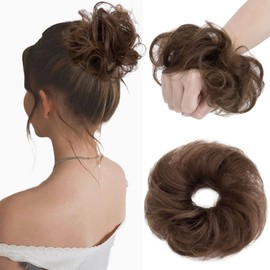 Benehair Messy Hair Scrunchies Bun Extensions Curly Wavy Pieces for Women Girls Elastic Updo Ponytail Donut Chignons Accessories #4 Medium Brown 23g