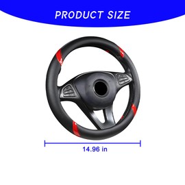 BESULEN Leather Car Steering Wheel Cover, Carbon Fiber Anti-Slip Automotive Steer Wheel Protector, Soft Breathable Vehicle Interior Decor Accessories, 15Inch Universal for SUV, Truck, RV（Black/Red）